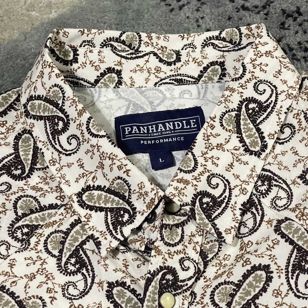 Panhandle Performance Shirt Mens Large Tan White Paisley Western Pearl‎ Snap NEW